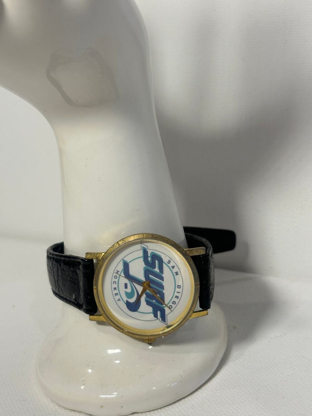 Vintage 90s San Diego Surf Hockey Watch Gold Bezel Black Croc Leather Band
